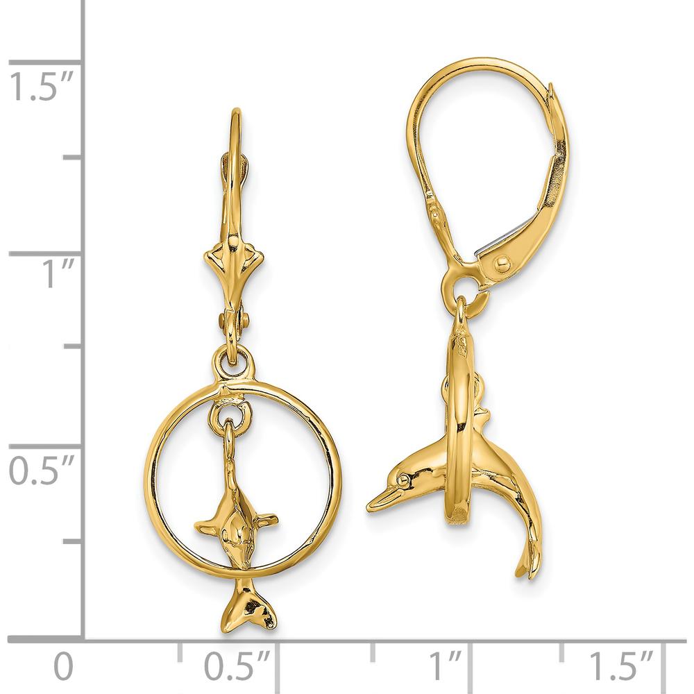 14K Yellow Gold 3D Dolphin Jumping Through Hoop Leverback Earrings by 0