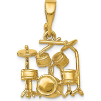 14K Yellow Gold 3D Drum Set Charm Pendant - Polished Textured Design