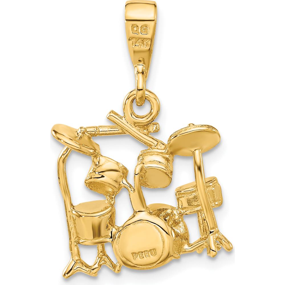 14K Yellow Gold 3D Drum Set Charm Pendant - Polished Textured Design
