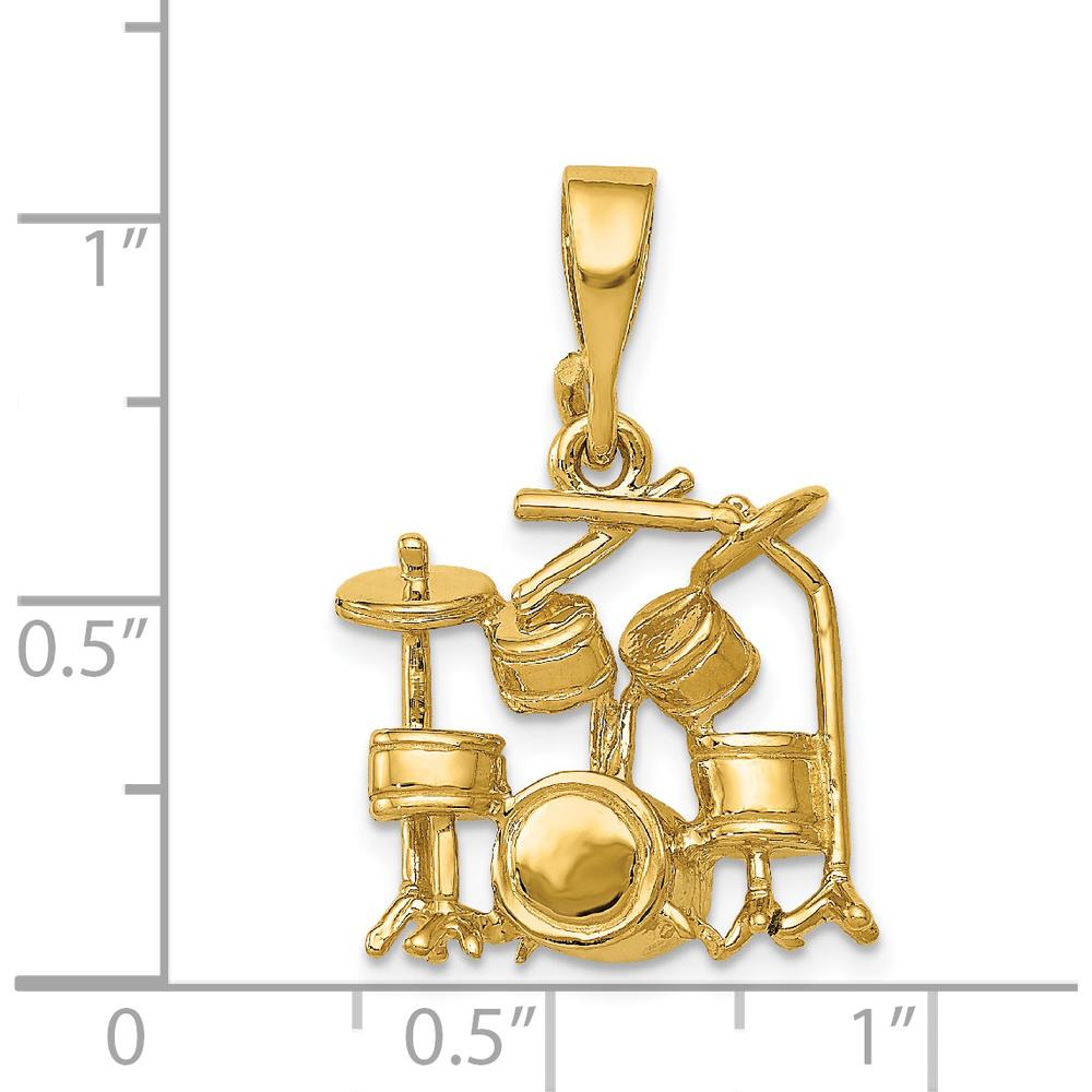 14K Yellow Gold 3D Drum Set Charm Pendant - Polished Textured Design