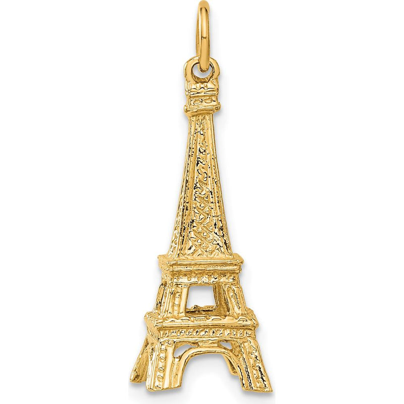 14K Yellow Gold 3D Eiffel Tower Charm Pendant - 30mm Length