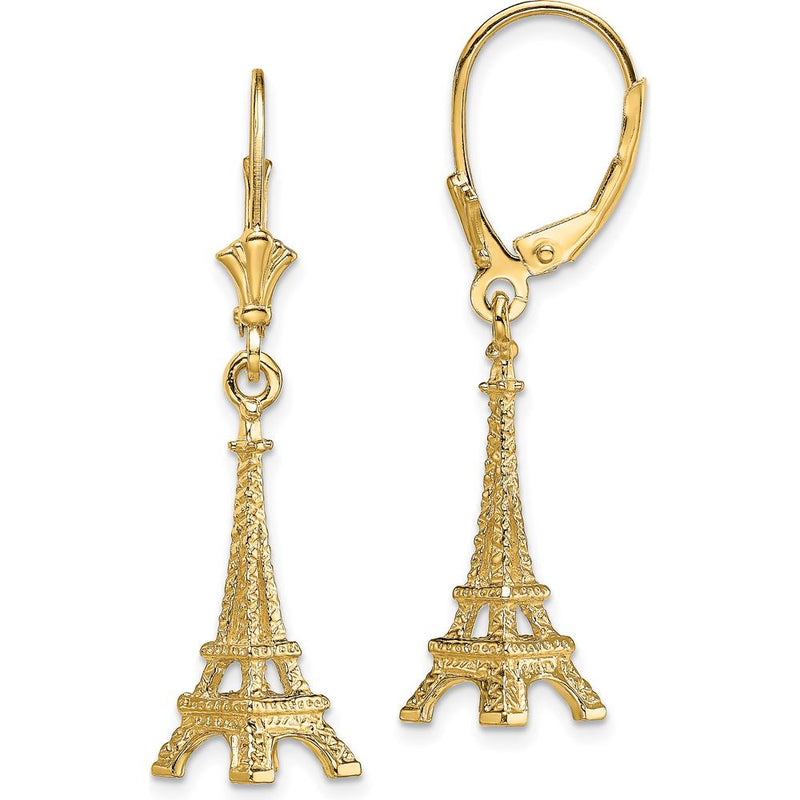14K Yellow Gold 3D Eiffel Tower Leverback Drop Earrings - Parisian Elegance by 0