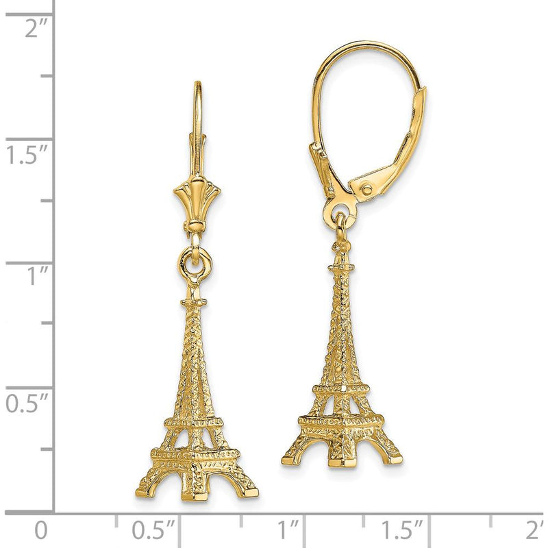 14K Yellow Gold 3D Eiffel Tower Leverback Drop Earrings - Parisian Elegance by 0