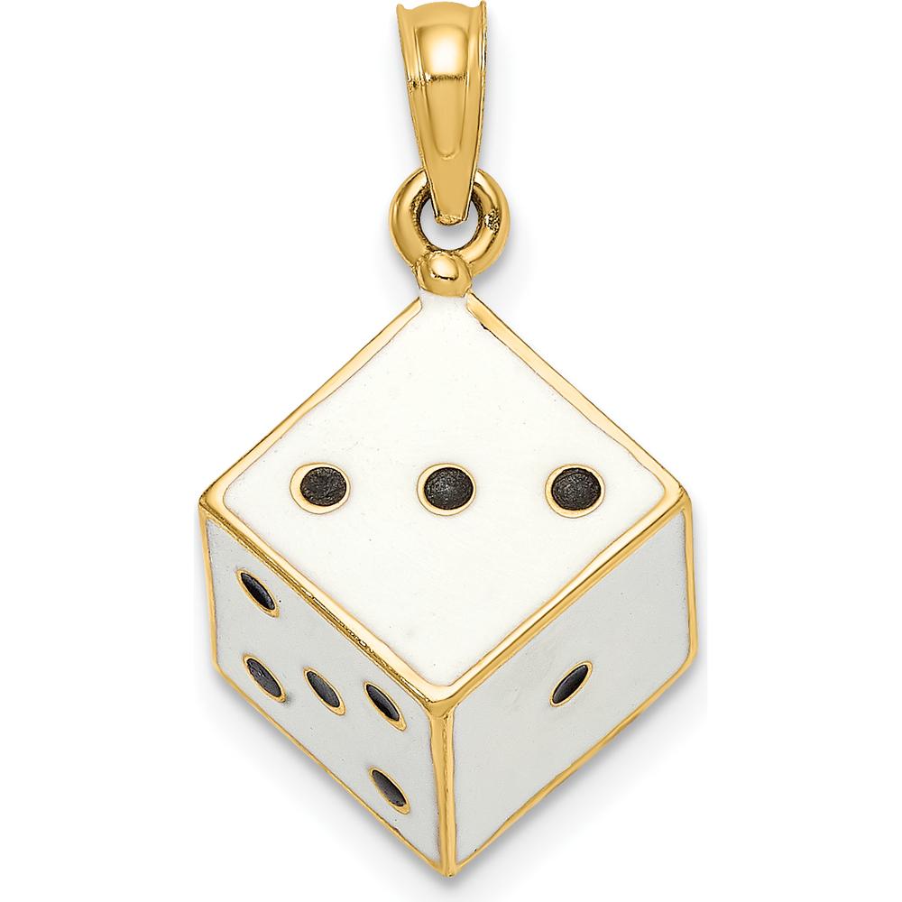 14K Yellow Gold 3D Enamel Dice Charm with White and Black Enamel Accents by Oro Pregiato