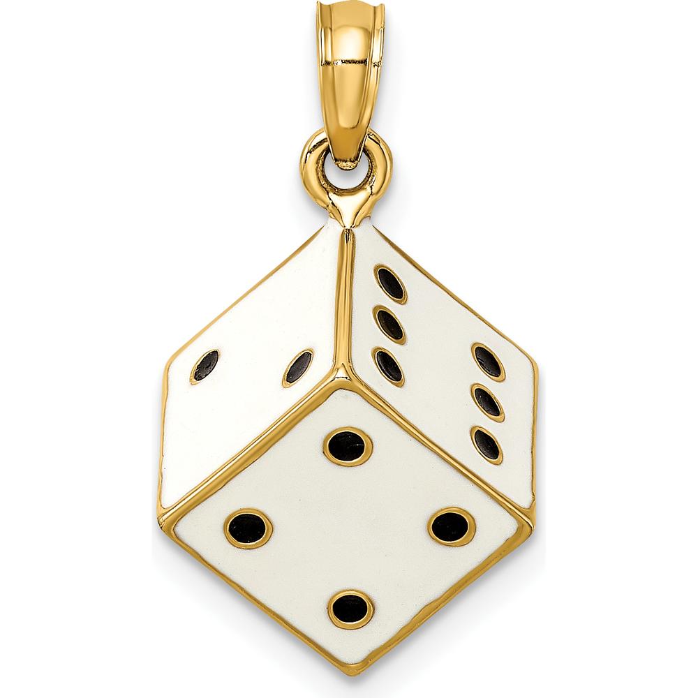 14K Yellow Gold 3D Enamel Dice Charm with White and Black Enamel Accents by Oro Pregiato