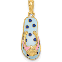 14K Yellow Gold 3D Enamel Flip-Flop Charm with Shell Detail - Polka Dot Summer Pendant by Oro Pregiato