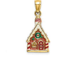 14K Yellow Gold 3D Enamel Gingerbread House Charm with Red, Green, and White Accents by Oro Pregiato