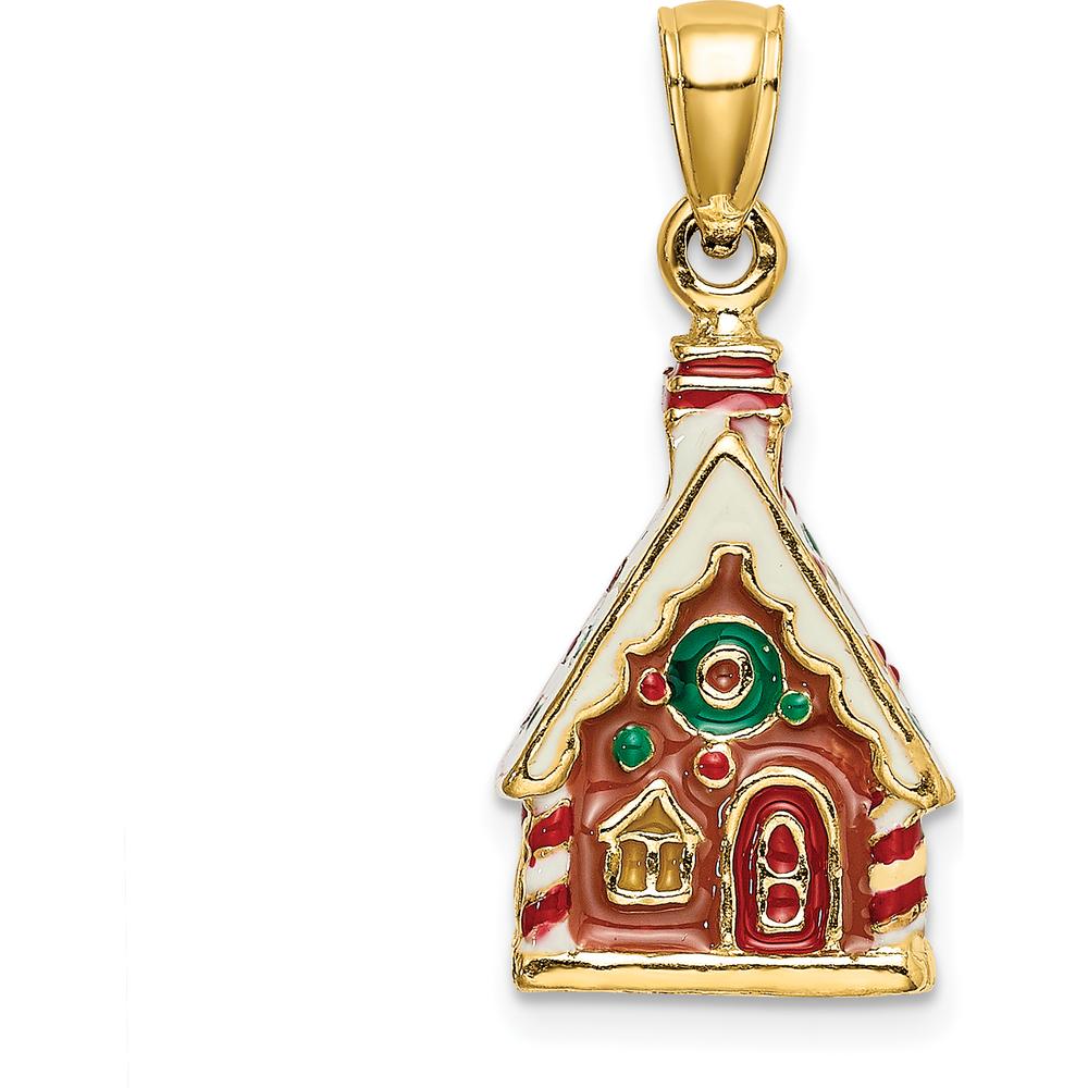 14K Yellow Gold 3D Enamel Gingerbread House Charm with Red, Green, and White Accents by Oro Pregiato