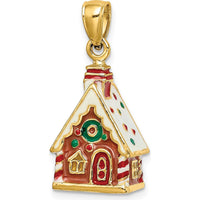 14K Yellow Gold 3D Enamel Gingerbread House Charm with Red, Green, and White Accents by Oro Pregiato