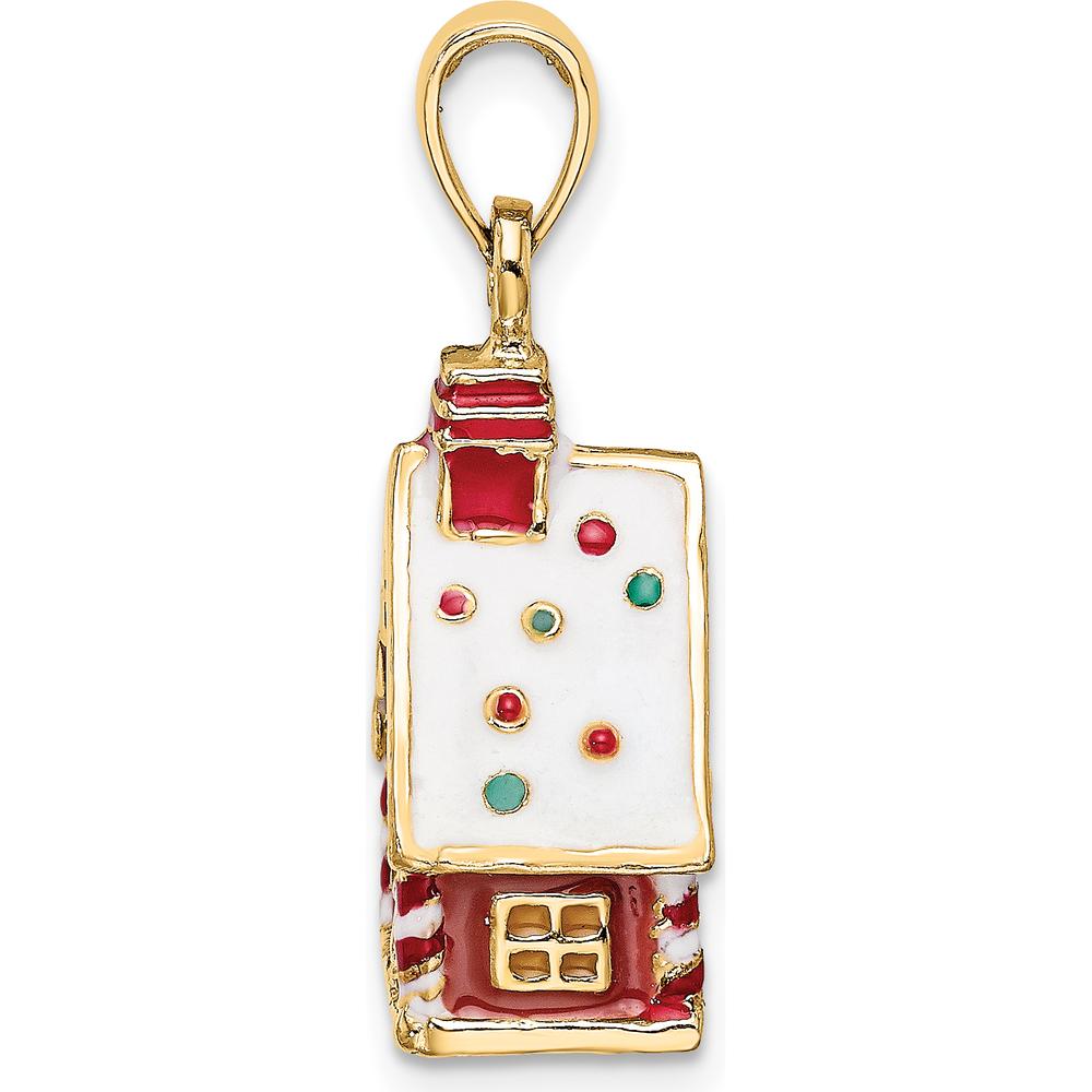 14K Yellow Gold 3D Enamel Gingerbread House Charm with Red, Green, and White Accents by Oro Pregiato