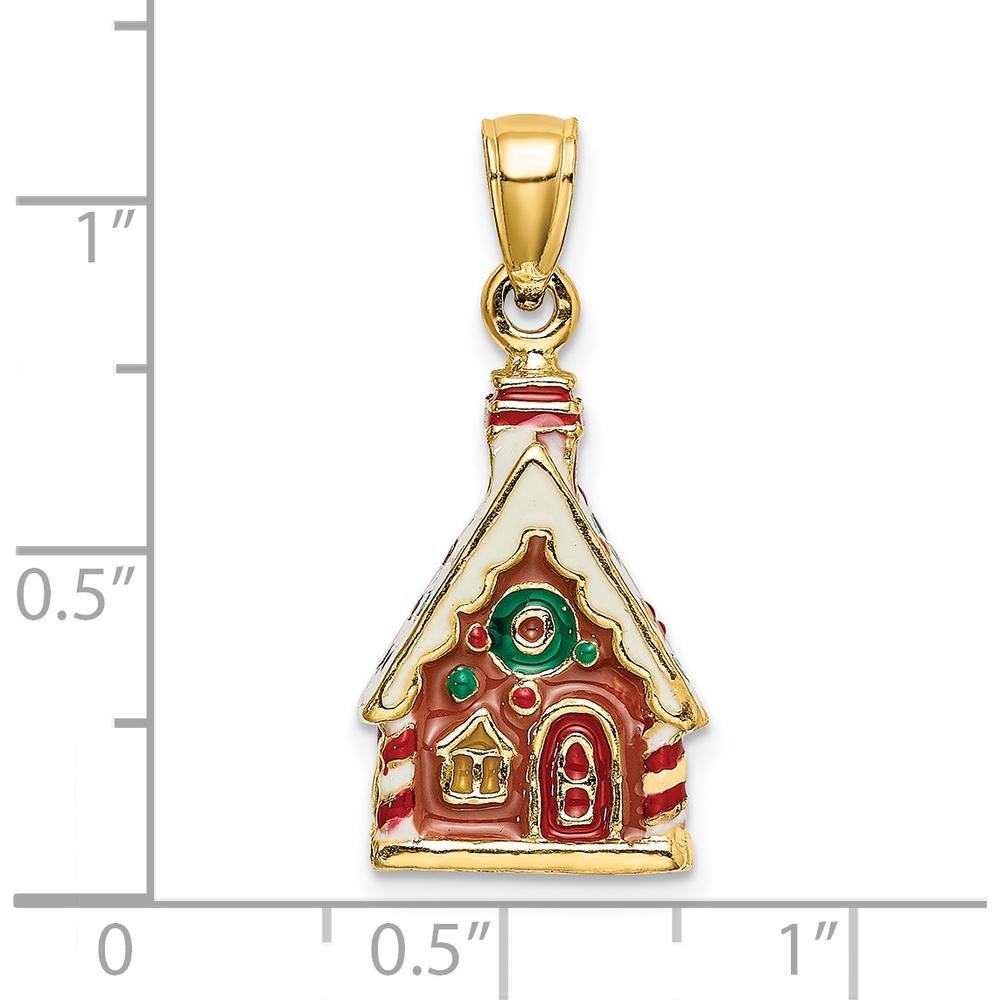 14K Yellow Gold 3D Enamel Gingerbread House Charm with Red, Green, and White Accents by Oro Pregiato