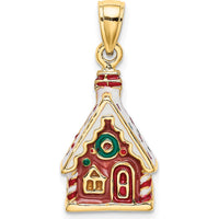 14K Yellow Gold 3D Enamel Gingerbread House Charm with Red, Green, and White Accents by Oro Pregiato