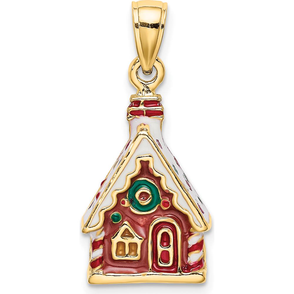 14K Yellow Gold 3D Enamel Gingerbread House Charm with Red, Green, and White Accents by Oro Pregiato