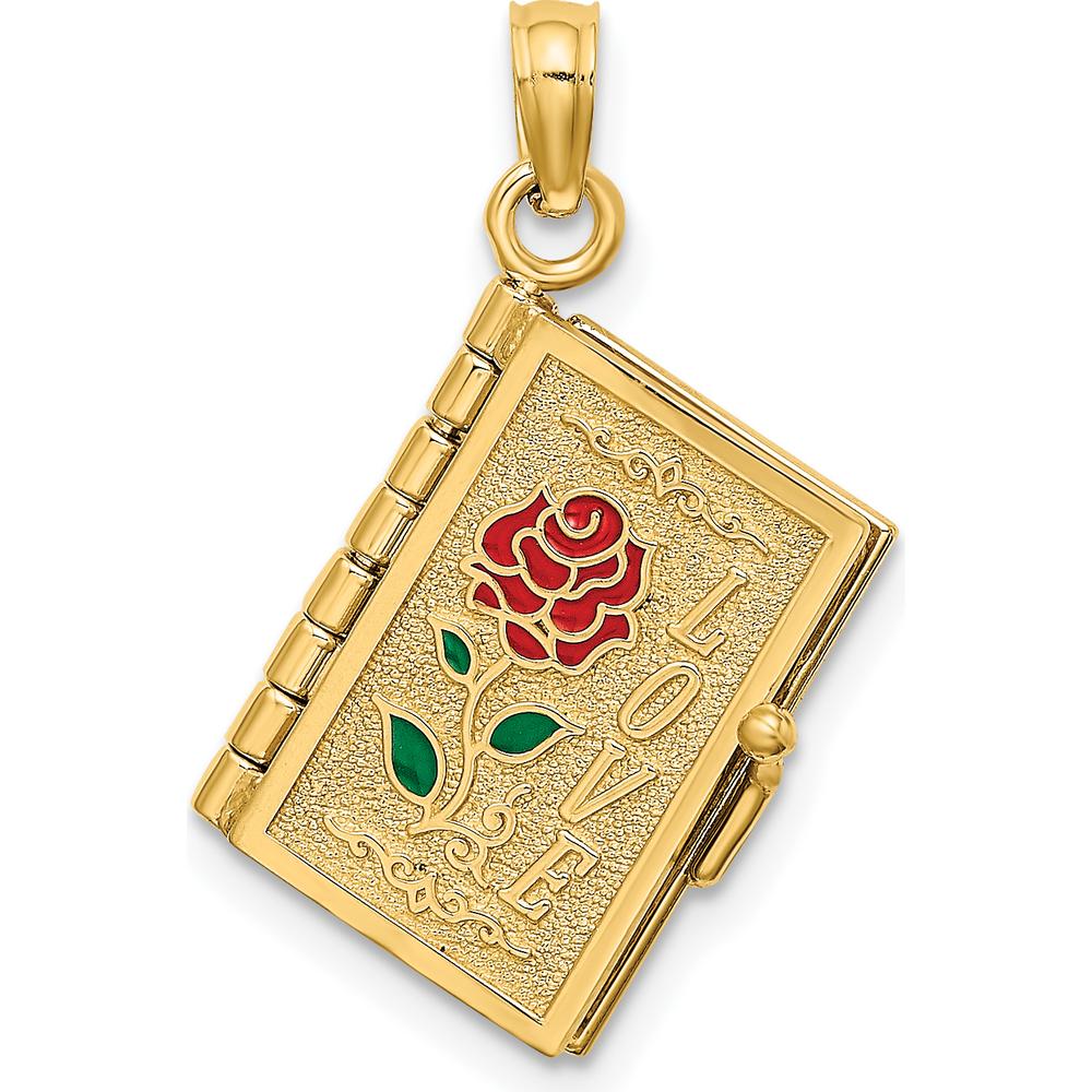 14K Yellow Gold 3D Enamel Moveable LOVE Bible Verse Flower Book Pendant by Oro Pregiato