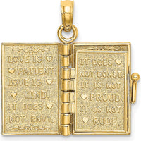 14K Yellow Gold 3D Enamel Moveable LOVE Bible Verse Flower Book Pendant by Oro Pregiato