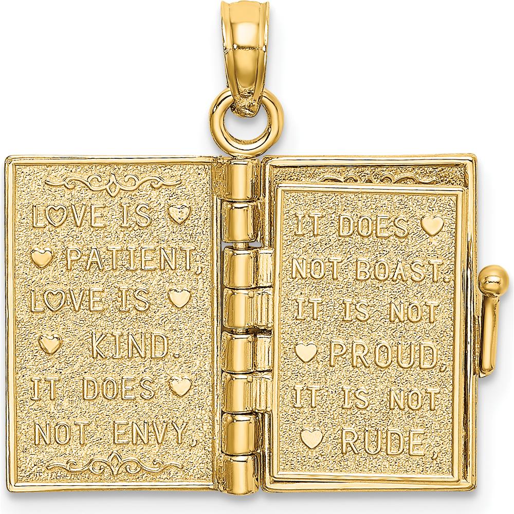 14K Yellow Gold 3D Enamel Moveable LOVE Bible Verse Flower Book Pendant by Oro Pregiato