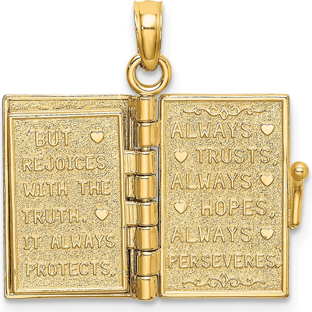 14K Yellow Gold 3D Enamel Moveable LOVE Bible Verse Flower Book Pendant by Oro Pregiato