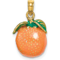 14K Yellow Gold 3D Enamel Orange Charm with Stem and Leaf Accent by Oro Pregiato
