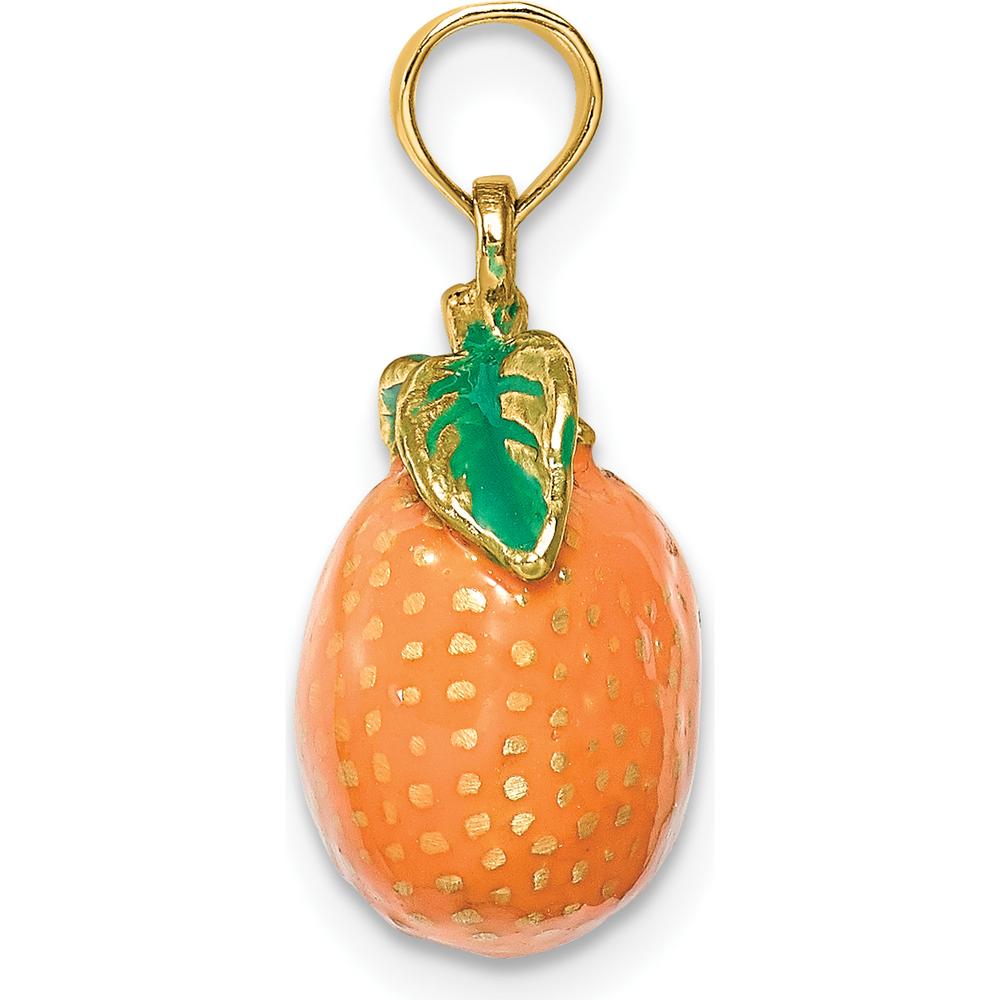 14K Yellow Gold 3D Enamel Orange Charm with Stem and Leaf Accent by Oro Pregiato