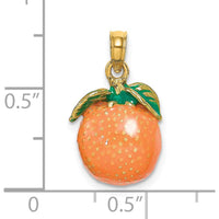 14K Yellow Gold 3D Enamel Orange Charm with Stem and Leaf Accent by Oro Pregiato