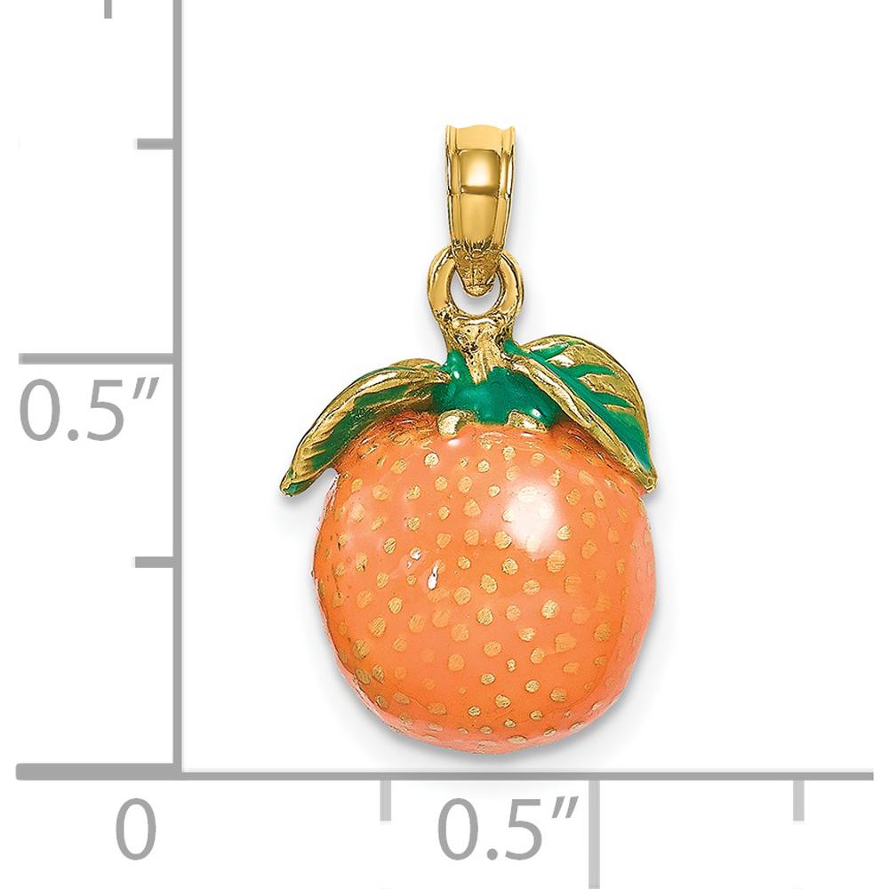 14K Yellow Gold 3D Enamel Orange Charm with Stem and Leaf Accent by Oro Pregiato