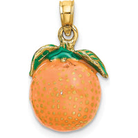 14K Yellow Gold 3D Enamel Orange Charm with Stem and Leaf Accent by Oro Pregiato