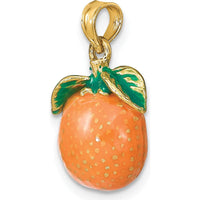 14K Yellow Gold 3D Enamel Orange Charm with Stem and Leaf Accent by Oro Pregiato