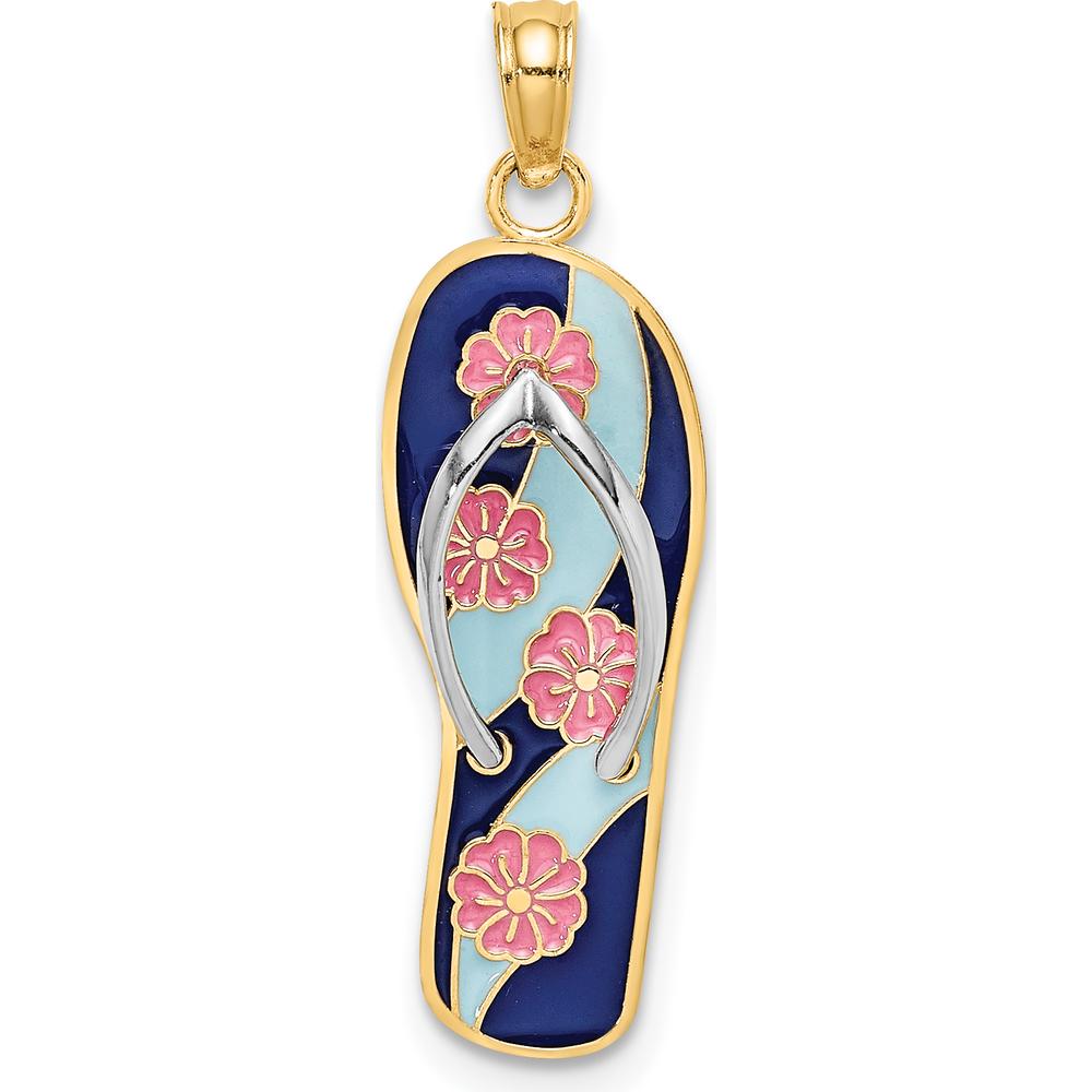 14K Yellow Gold 3D Enamel Pink Flower Flip-Flop Charm with White Rhodium Accents - Summer-Themed Pendant by Oro Pregiato