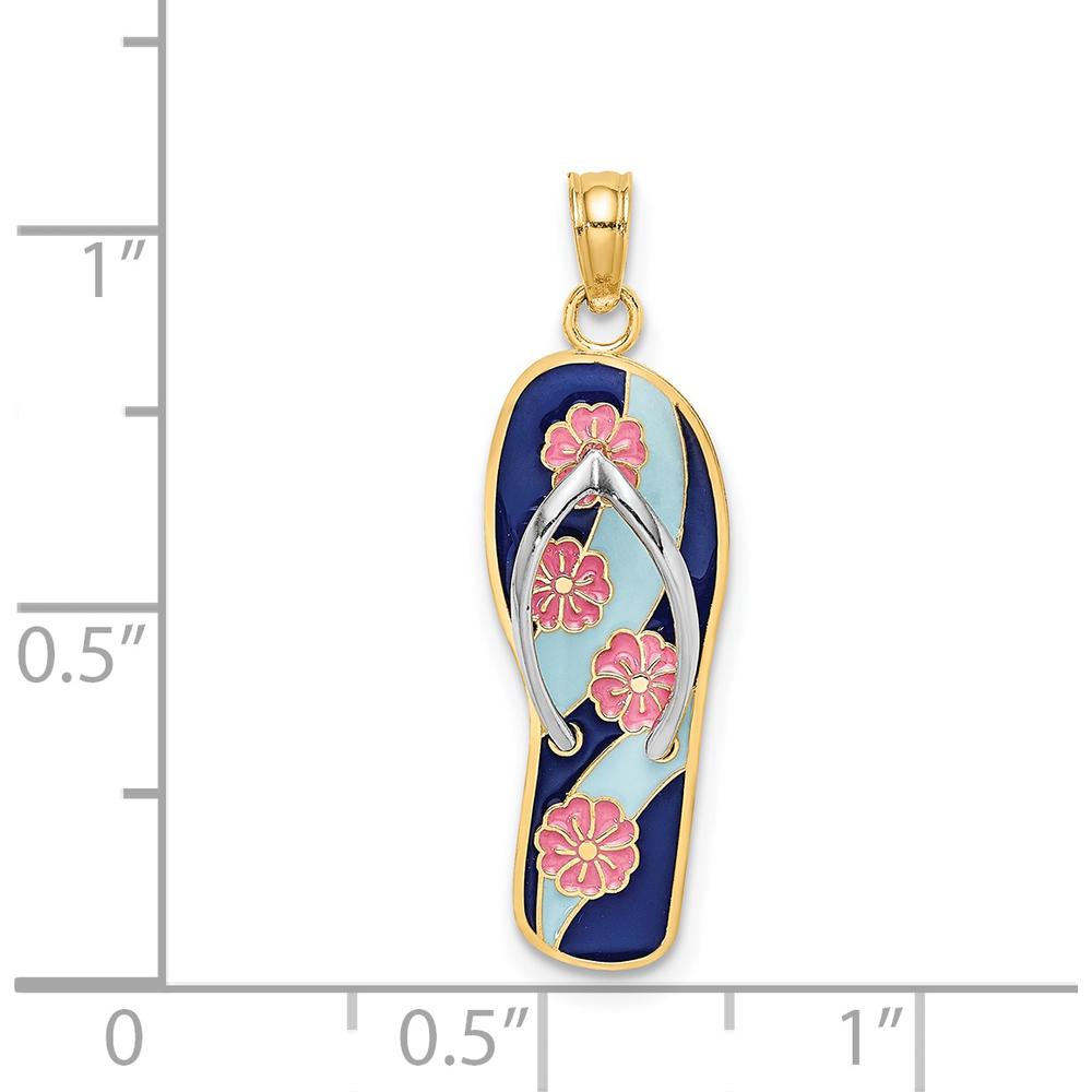 14K Yellow Gold 3D Enamel Pink Flower Flip-Flop Charm with White Rhodium Accents - Summer-Themed Pendant by Oro Pregiato