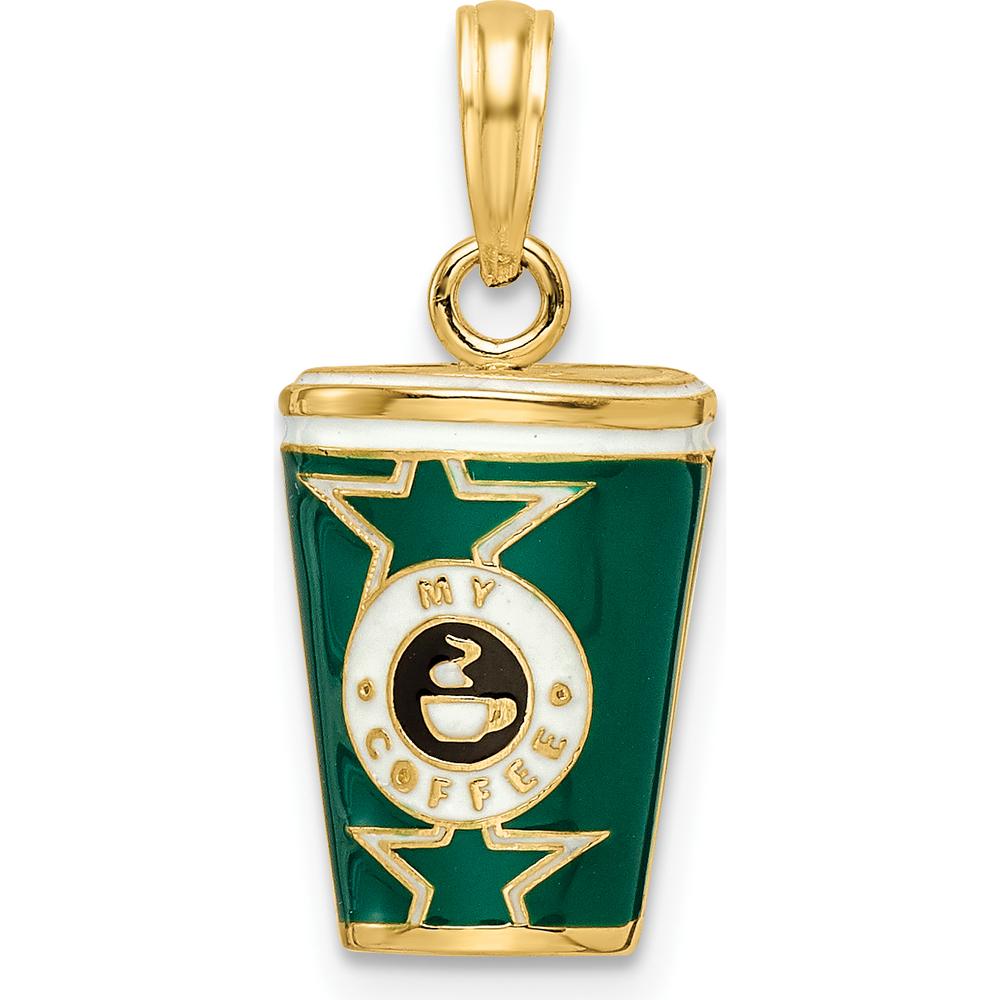 14K Yellow Gold 3D Enameled Coffee Cup Charm with Green, White, and Black Accents by Oro Pregiato