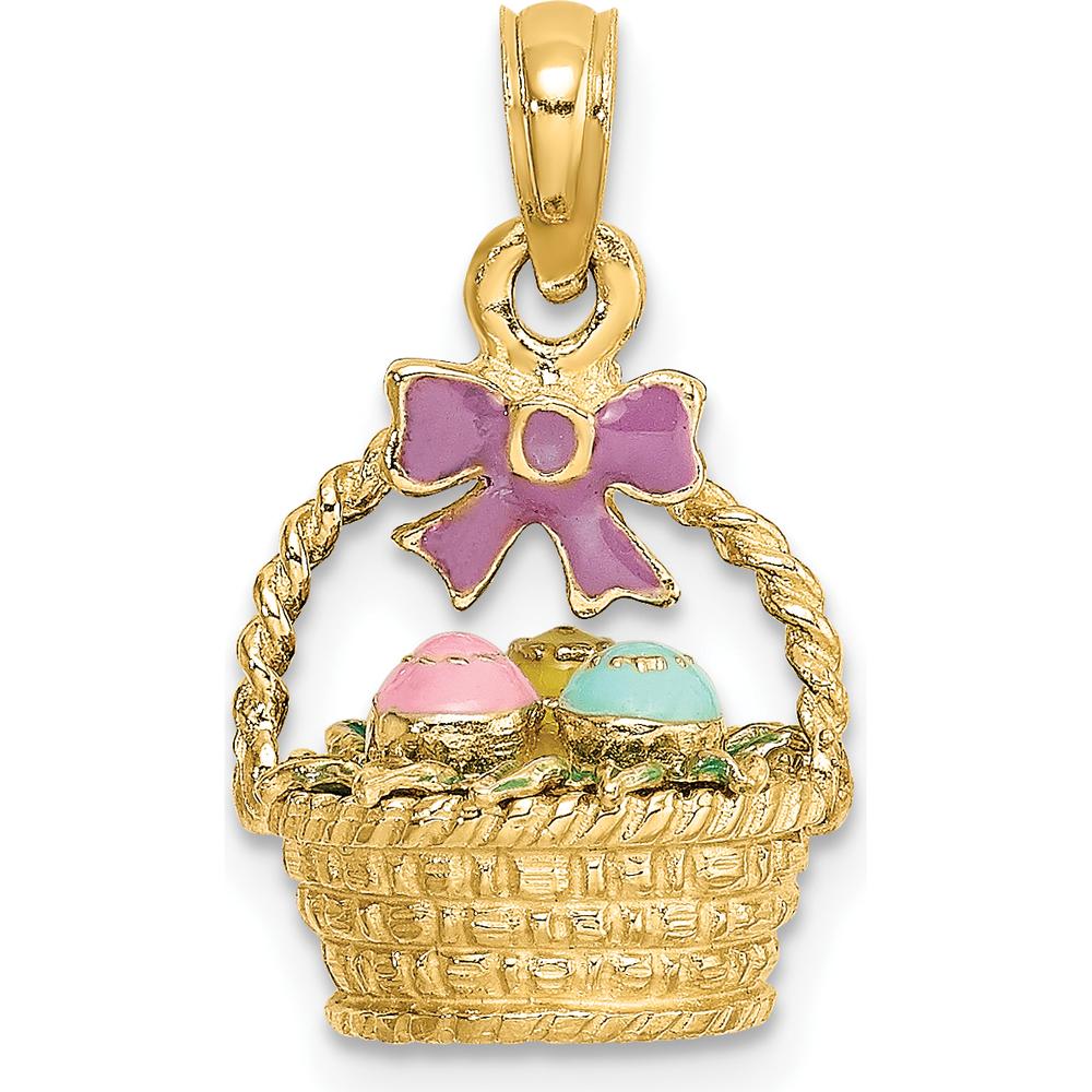14K Yellow Gold 3D Enameled Easter Basket with Bow and Eggs Charm by Oro Pregiato
