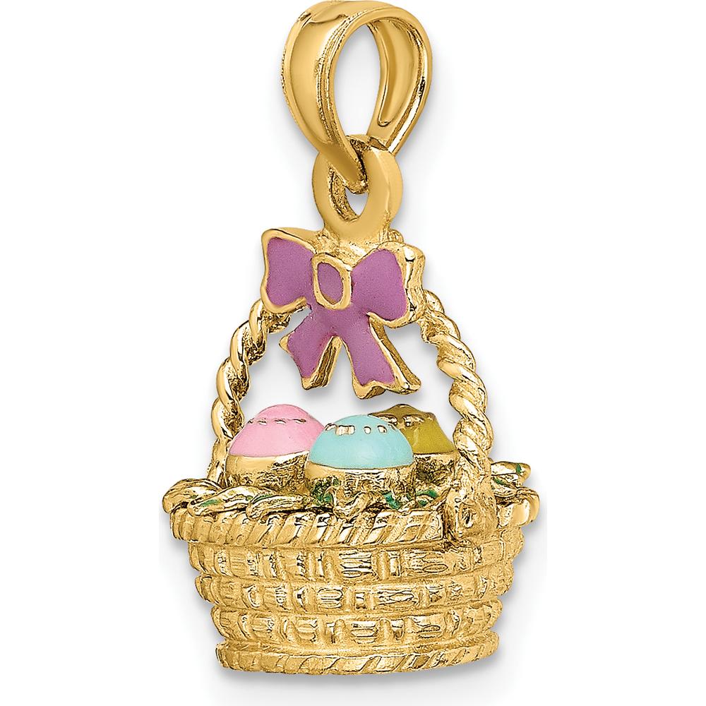14K Yellow Gold 3D Enameled Easter Basket with Bow and Eggs Charm by Oro Pregiato