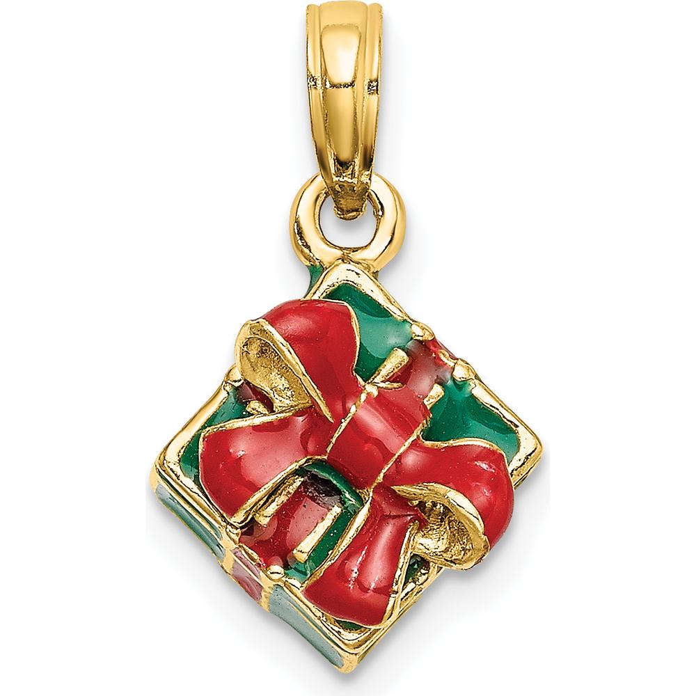 14K Yellow Gold 3D Enameled Green Gift Box with Red Bow Charm - Polished Finish by Oro Pregiato
