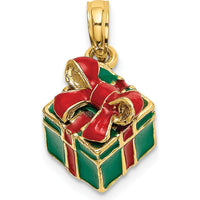 14K Yellow Gold 3D Enameled Green Gift Box with Red Bow Charm - Polished Finish by Oro Pregiato