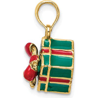 14K Yellow Gold 3D Enameled Green Gift Box with Red Bow Charm - Polished Finish by Oro Pregiato