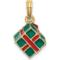 14K Yellow Gold 3D Enameled Green Gift Box with Red Bow Charm - Polished Finish by Oro Pregiato