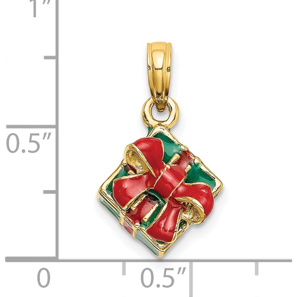 14K Yellow Gold 3D Enameled Green Gift Box with Red Bow Charm - Polished Finish by Oro Pregiato