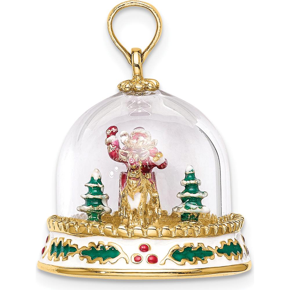 14K Yellow Gold 3D Enameled "Happy Holidays" Snow Globe Charm with Santa and Reindeer Scene by Oro Pregiato