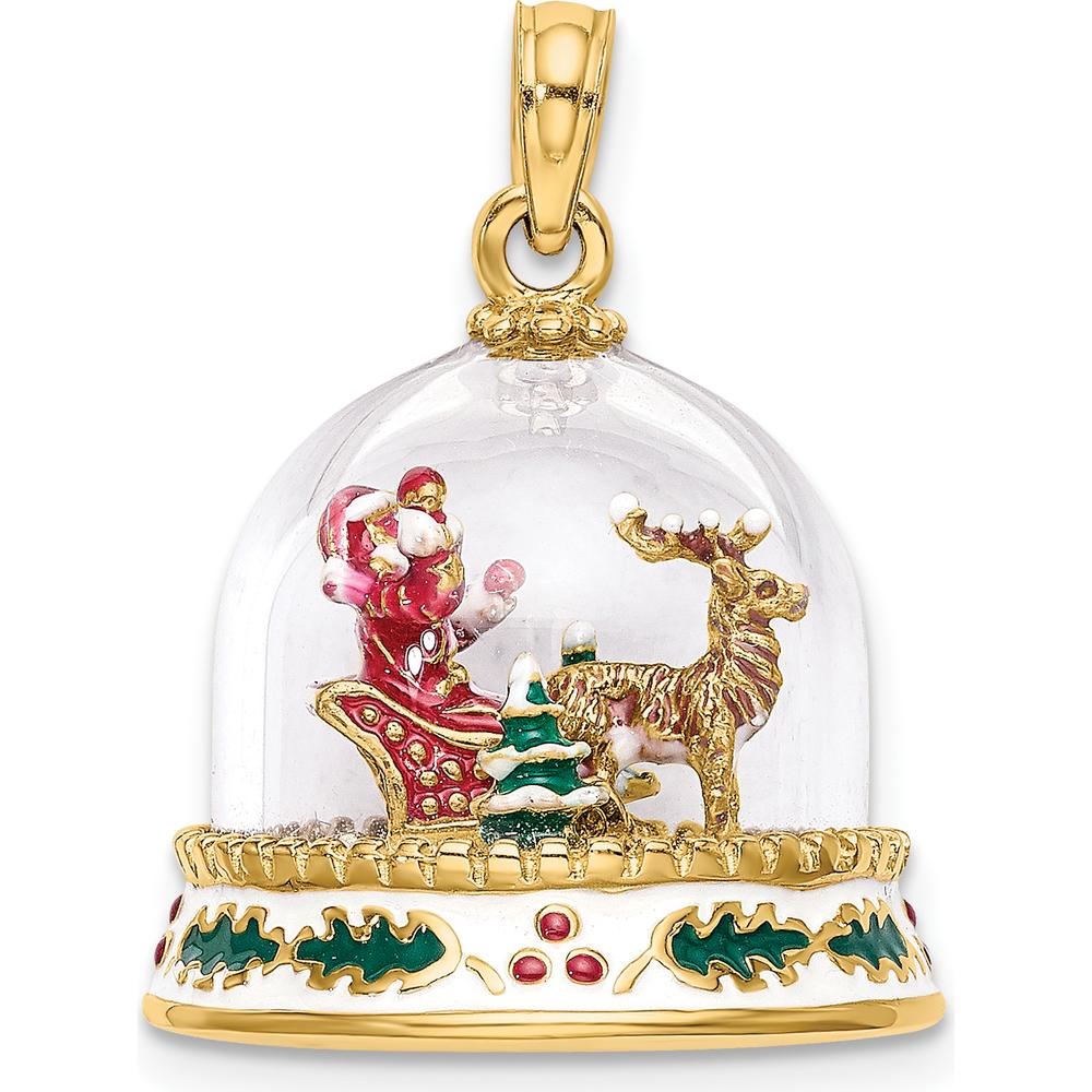 14K Yellow Gold 3D Enameled "Happy Holidays" Snow Globe Charm with Santa and Reindeer Scene by Oro Pregiato