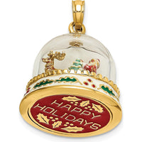 14K Yellow Gold 3D Enameled "Happy Holidays" Snow Globe Charm with Santa and Reindeer Scene by Oro Pregiato