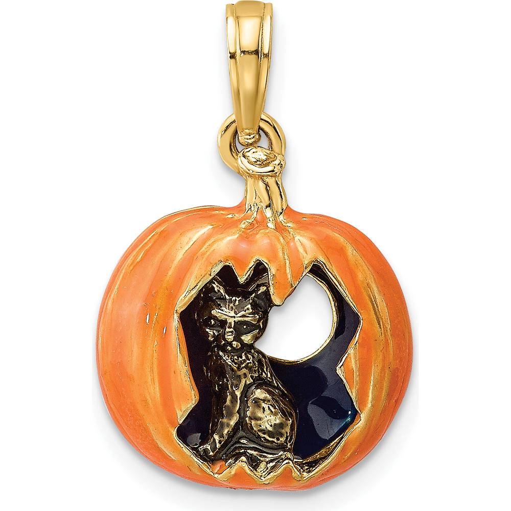 14K Yellow Gold 3D Enameled Jack-o-Lantern with Black Cat and Moon Charm by Oro Pregiato