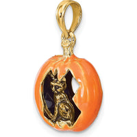14K Yellow Gold 3D Enameled Jack-o-Lantern with Black Cat and Moon Charm by Oro Pregiato