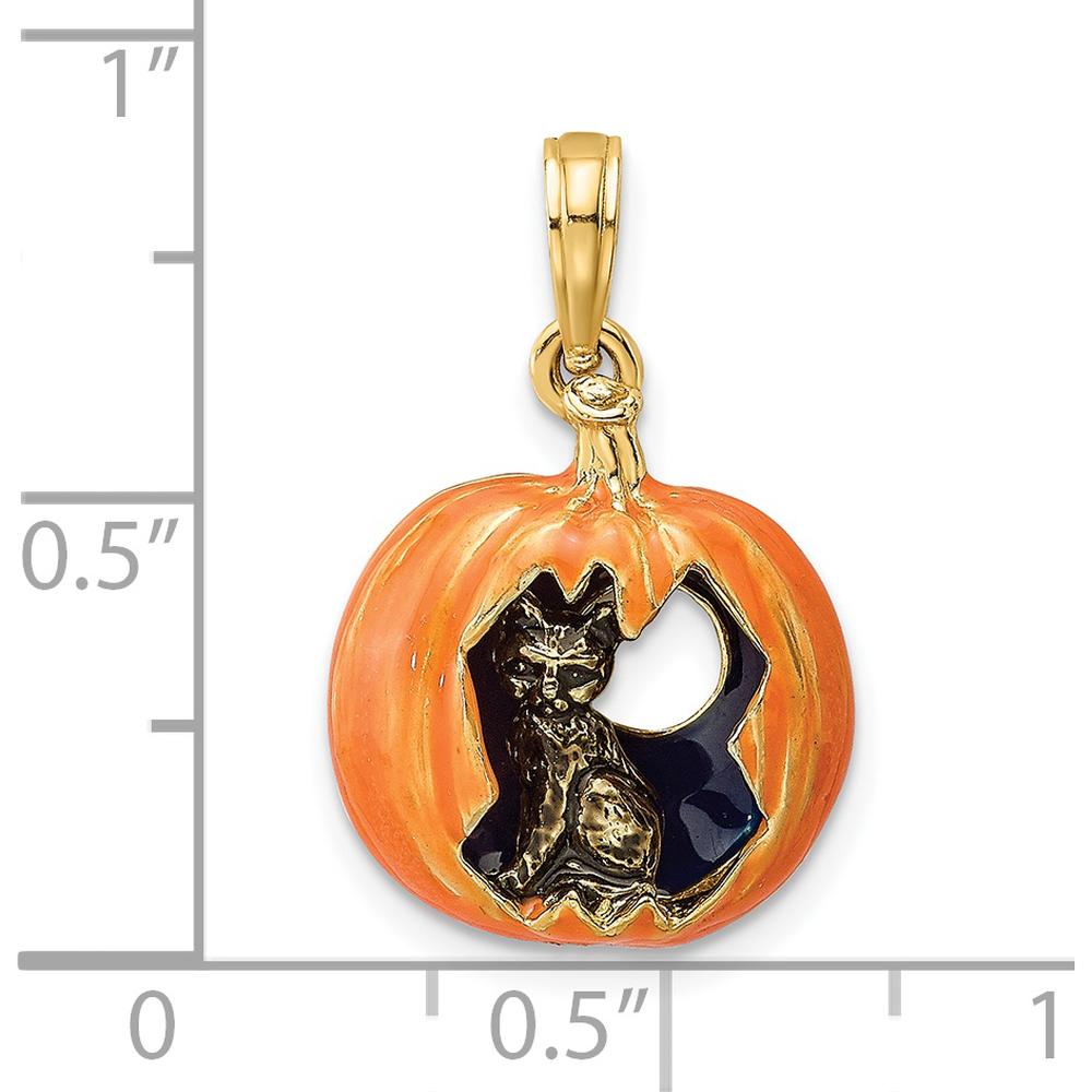 14K Yellow Gold 3D Enameled Jack-o-Lantern with Black Cat and Moon Charm by Oro Pregiato