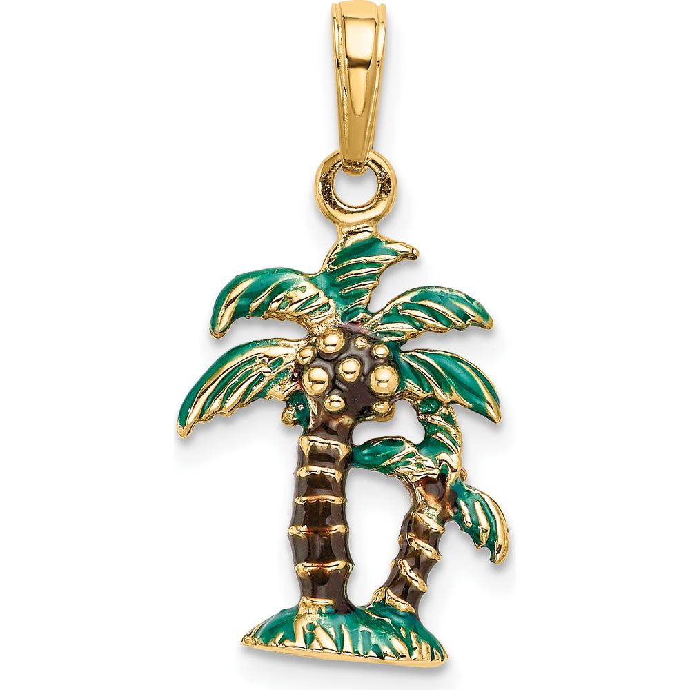 14K Yellow Gold 3D Enameled Palm Trees Pendant with Green and Brown Accents by Oro Pregiato