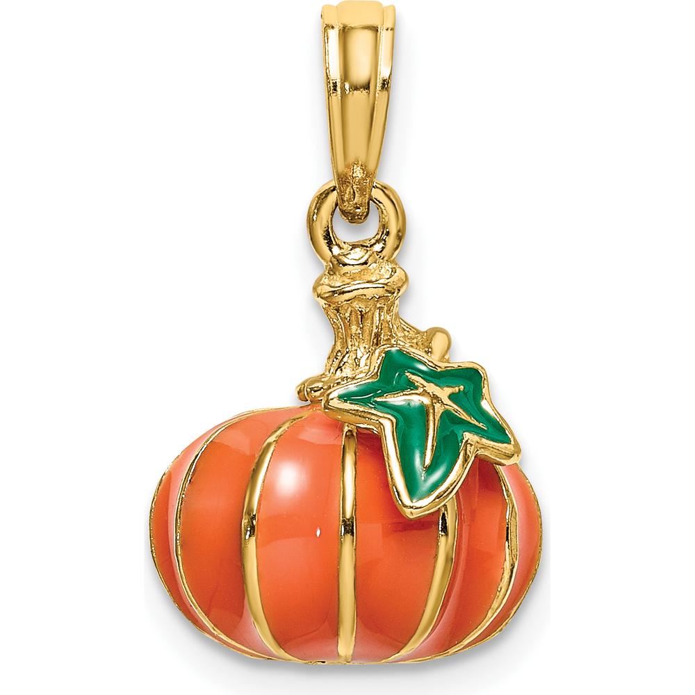 14K Yellow Gold 3D Enameled Pumpkin Charm with Green Enamel Accent by Oro Pregiato