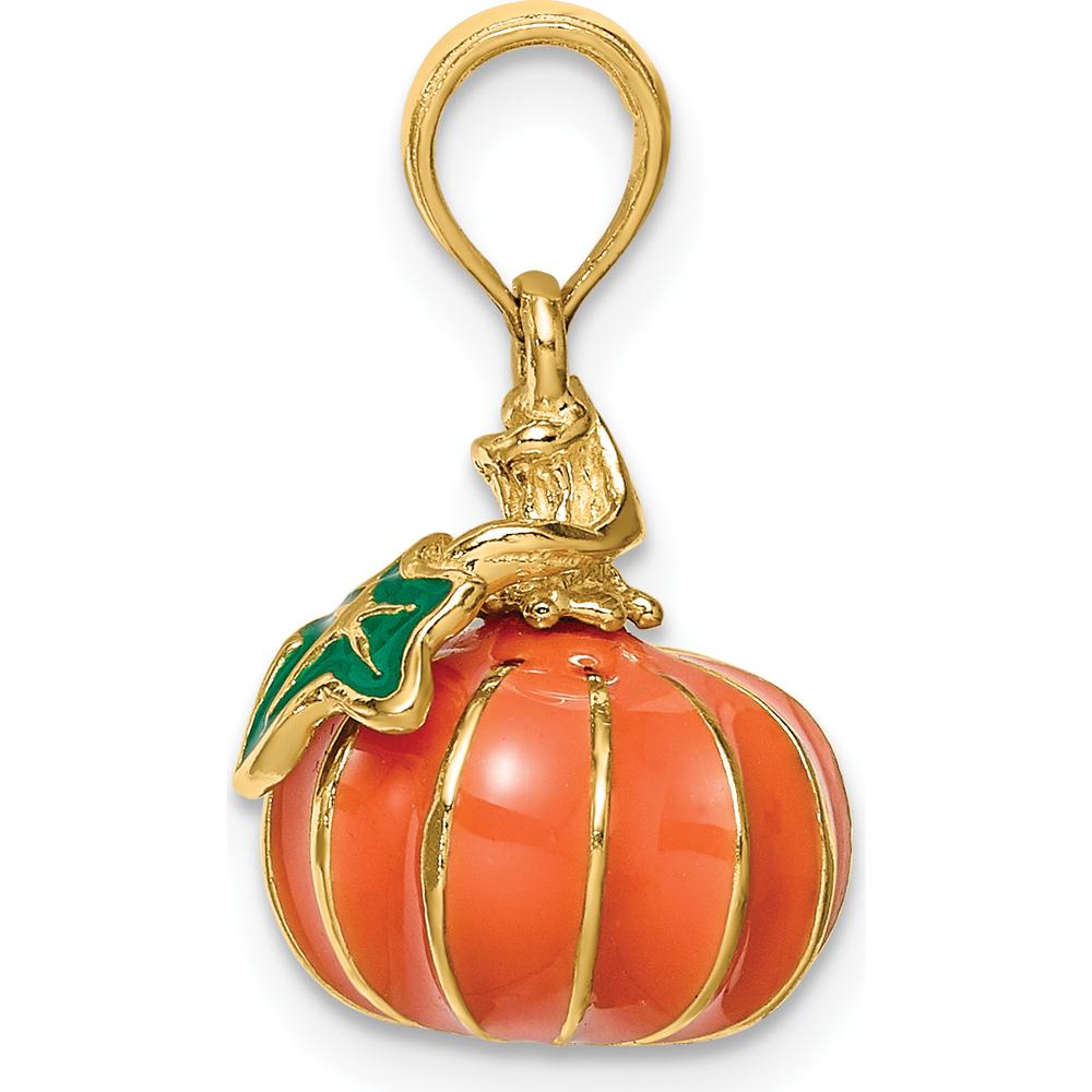 14K Yellow Gold 3D Enameled Pumpkin Charm with Green Enamel Accent by Oro Pregiato