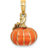 14K Yellow Gold 3D Enameled Pumpkin Charm with Green Enamel Accent by Oro Pregiato