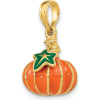 14K Yellow Gold 3D Enameled Pumpkin Charm with Green Enamel Accent by Oro Pregiato