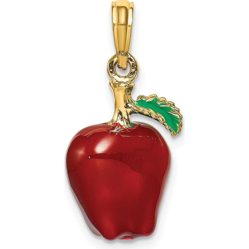 14K Yellow Gold 3D Enameled Red Apple Charm with Green Leaf Accent by Oro Pregiato