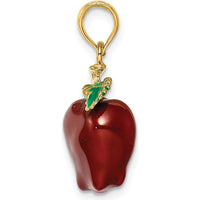 14K Yellow Gold 3D Enameled Red Apple Charm with Green Leaf Accent by Oro Pregiato